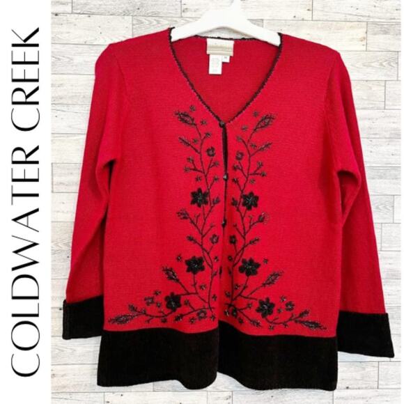 COLDWATER CREEK Black & Red Beaded Knit Cardigan, M - Picture 1 of 9